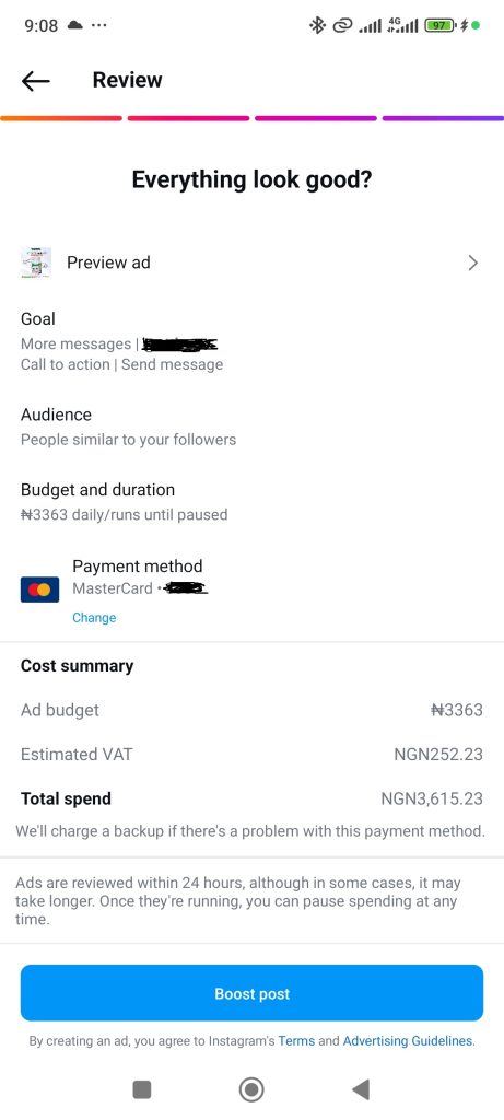 How to advertise on instagram in Nigeria: Final setup screenshot