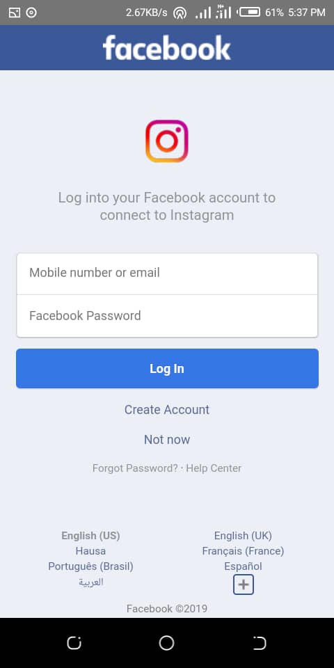 Pictures show sign in Facebook to enable Instagram billing