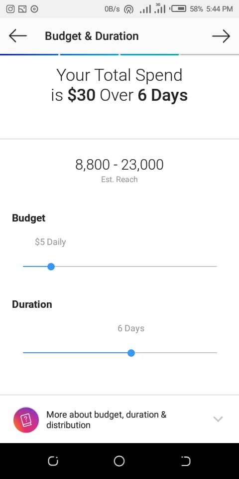 Instagram ads budget and duration settings