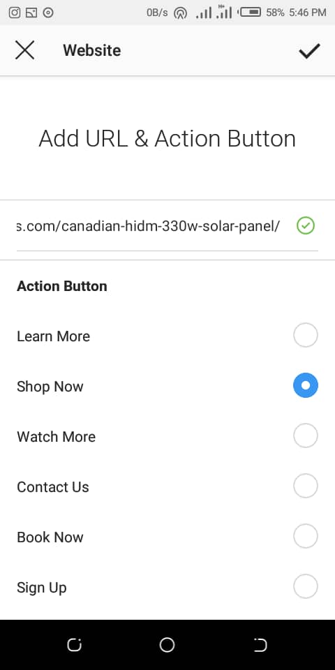 selecting call to action button on Instagram ads