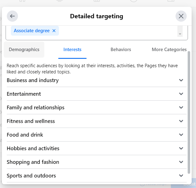 Screenshot of Facebook post boosting detailed targeting option by browsing targeting categories