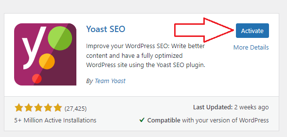Website design guide showing how to activate Yoast plugin