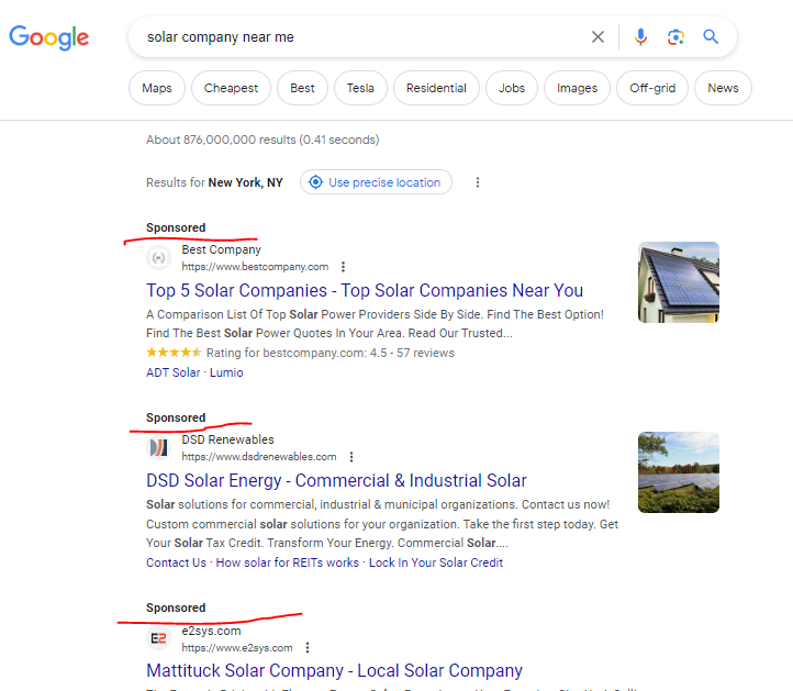 Google search ads screenshot for result in New York for key phrase solar company near me